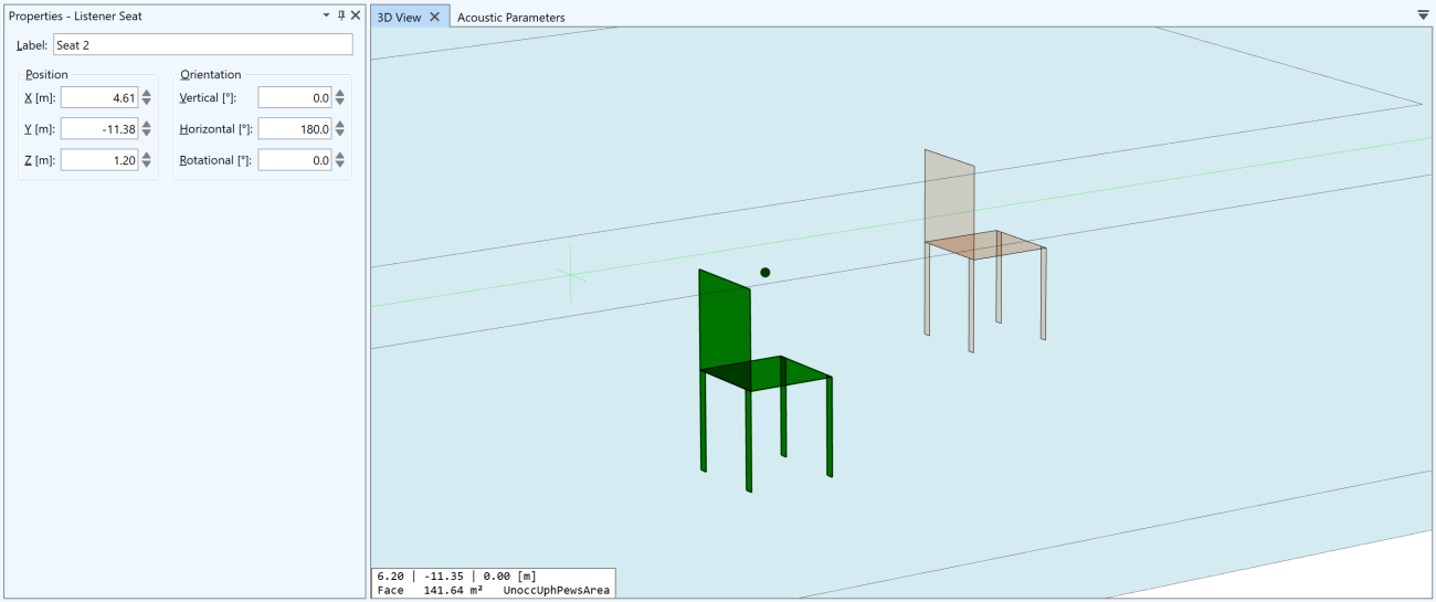 Listener seat selected in the 3D View.